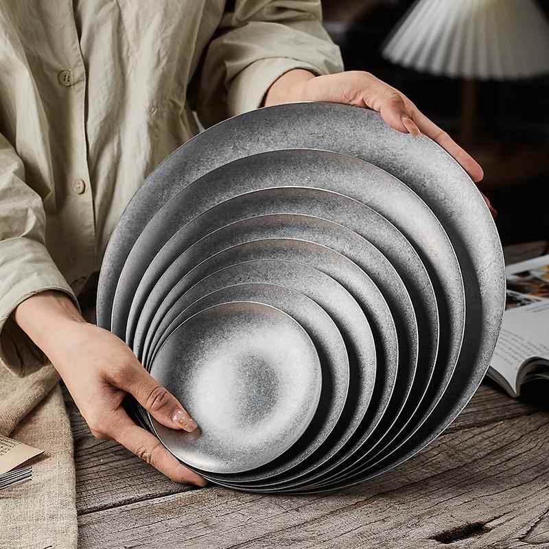 复古不锈钢盘创意餐盘304甜品盘子平盘餐具托盘碟小盘子圆盘浅盘