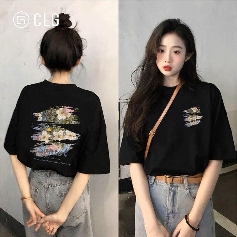 香港CLG潮牌黑色正肩短袖纯棉t恤女夏季新款宽松显瘦半袖女装百搭
