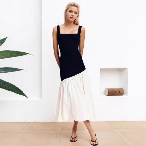 Color blocked dress with sleeveless one neck black and