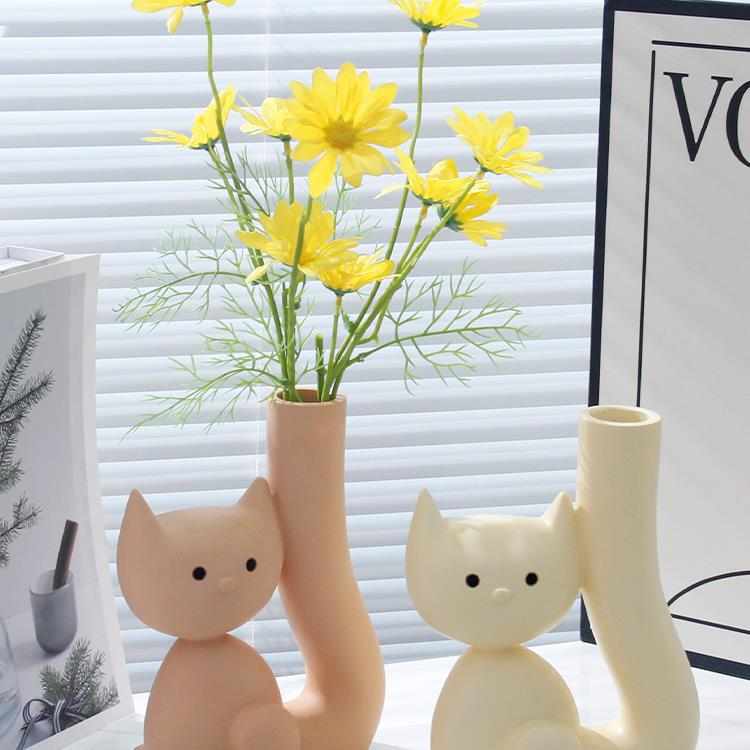 可爱猫咪插花花瓶小雏菊假花花插干花摆件家居客厅摆设装饰品插花