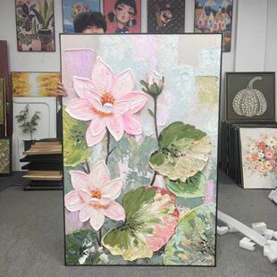 肌理荷花荷塘月色油画入户玄关装 饰画K109 饰画客厅挂画80120装