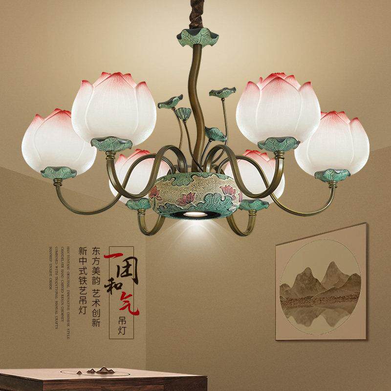 现代新中式吊灯客厅大厅小客厅饭厅楼梯茶室铁艺LED荷花装饰灯具