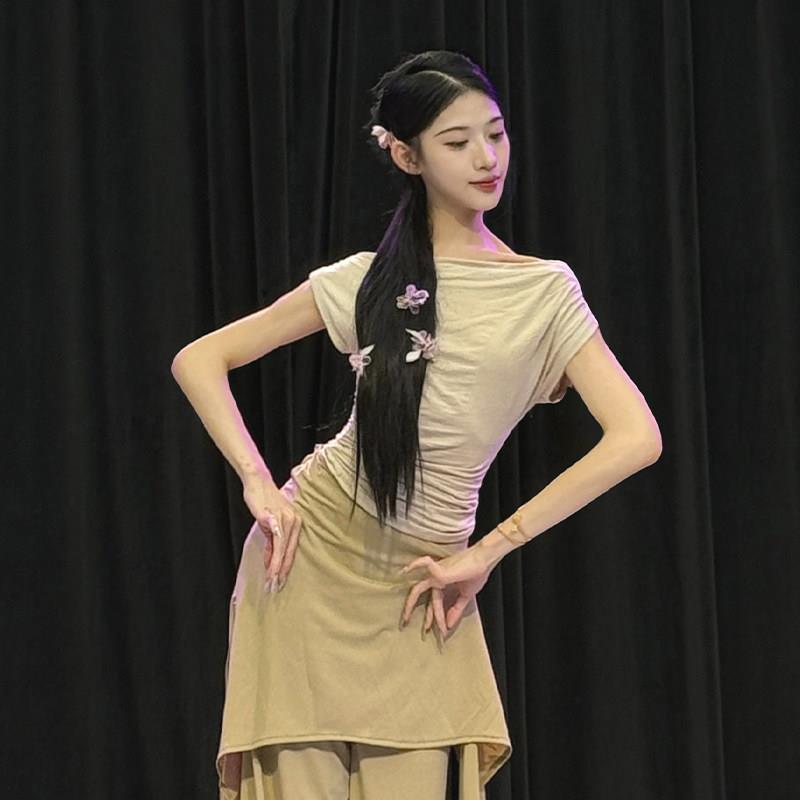 舞蹈服短袖垂折领日常可穿形体练功服现代舞短款上衣古典舞训练服图片