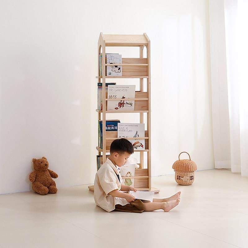 旋转书架儿童绘本架实木书柜落地多层蒙氏宝宝房间布置阅读区书架
