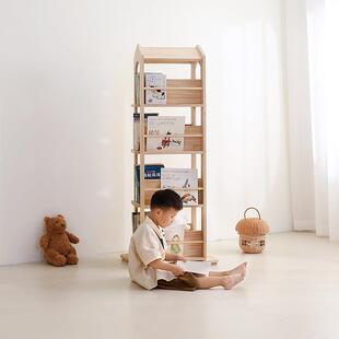 旋转书架儿童绘本架实木书柜落地多层蒙氏宝宝房间布置阅读区书架