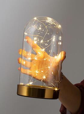 ins金属EVA卡扣金色圆盘不锈钢底座永生花手办积木防尘玻璃罩带灯