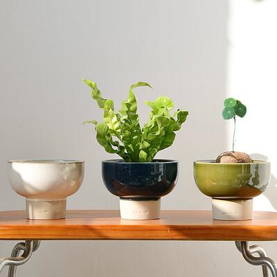 北欧绿色陶瓷花盆高脚多肉山乌龟植物绿植创意个性大口径蕨类粗陶