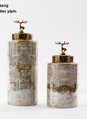 轻奢大理石陶瓷储罐饰品样板房入口客厅博古架后现代古典装饰