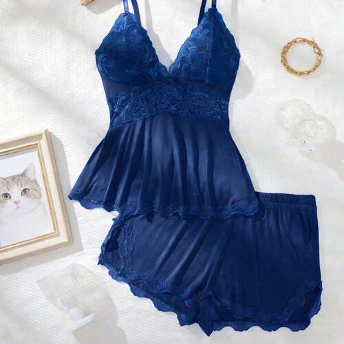 Women Modal Fitted Contrast Lace Bow Cami Shorts Pyjama Set