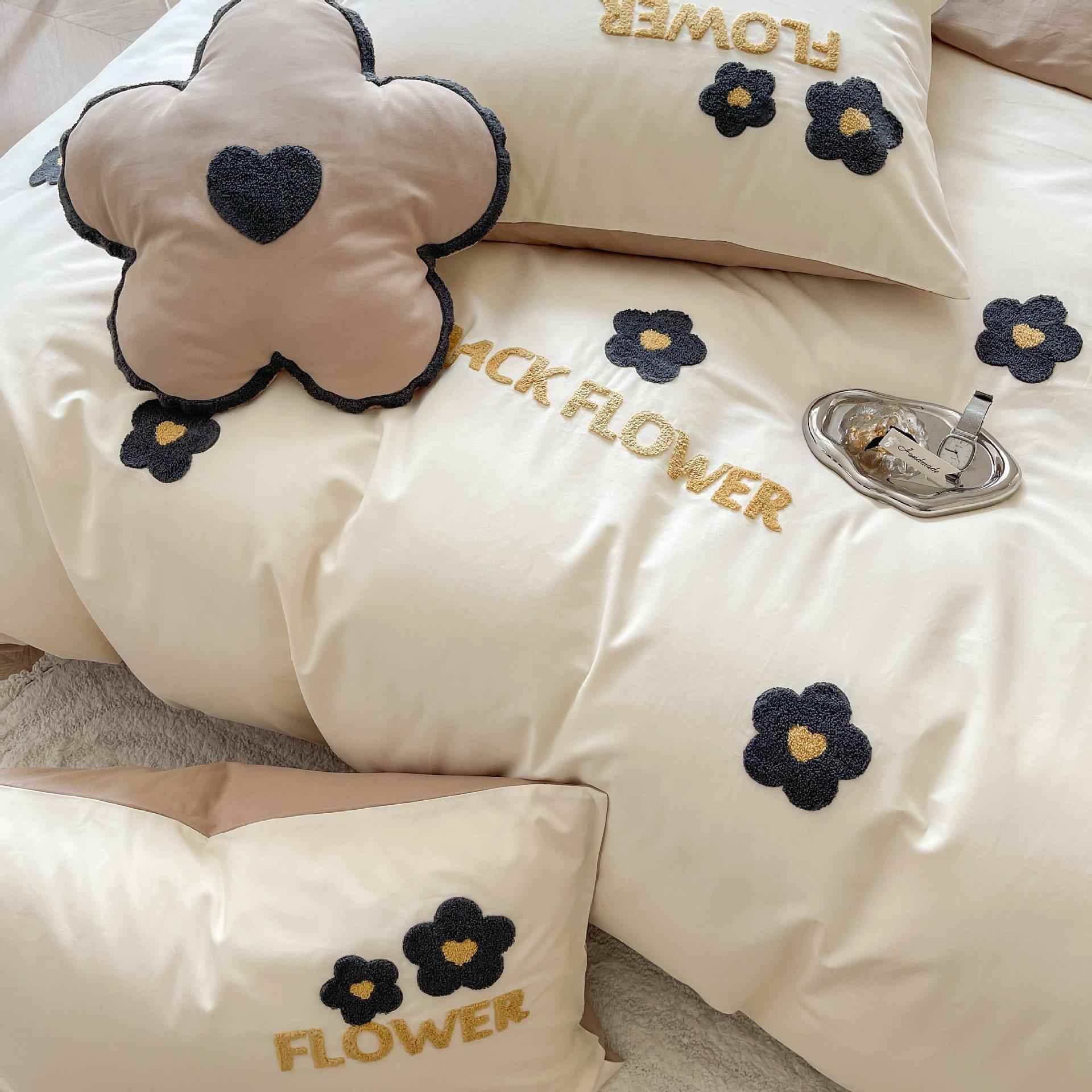 秋冬黑白小花小清新长绒棉磨毛四件套满版毛巾绣加厚保暖被套