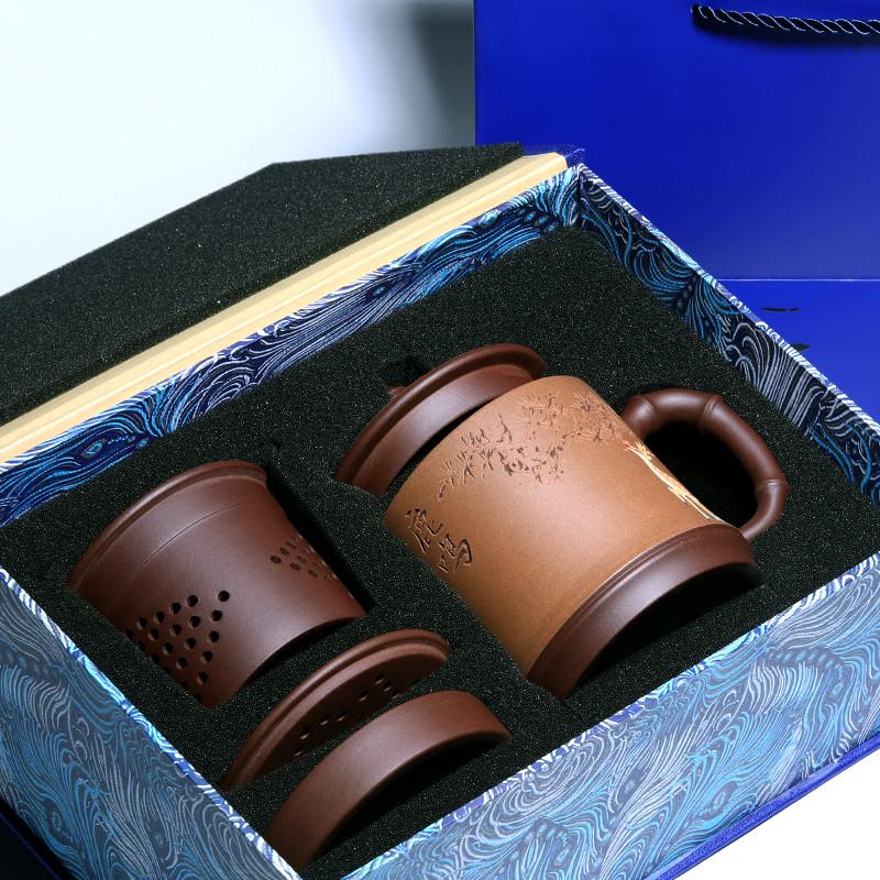 61K3宜兴紫砂杯茶杯带盖 青灰段粉浆纯手工办公室非陶瓷呦呦鹿鸣