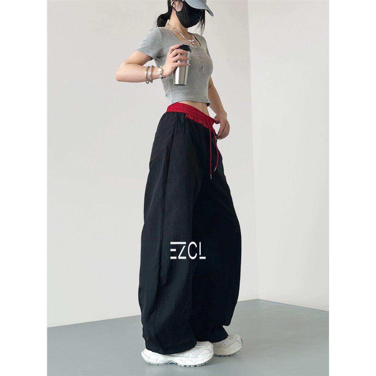 EZCL 大码拼接撞色冰丝阔腿气球裤2026夏季新款显瘦大裤腿运动裤