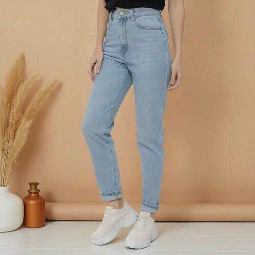 O 74983 Women Mom Jeans Light Blue Solid浅蓝色牛仔裤