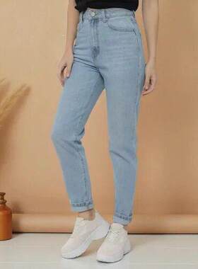 O 74983 Women Mom Jeans Light Blue Solid浅蓝色牛仔裤