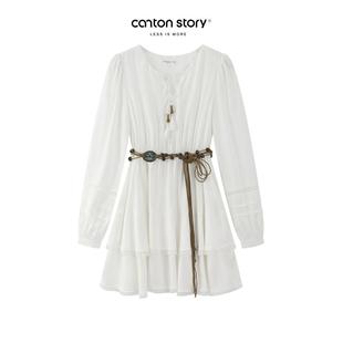 羊城故事 法式气质白色连衣裙女2025春夏新款设计感腰带收腰a字裙