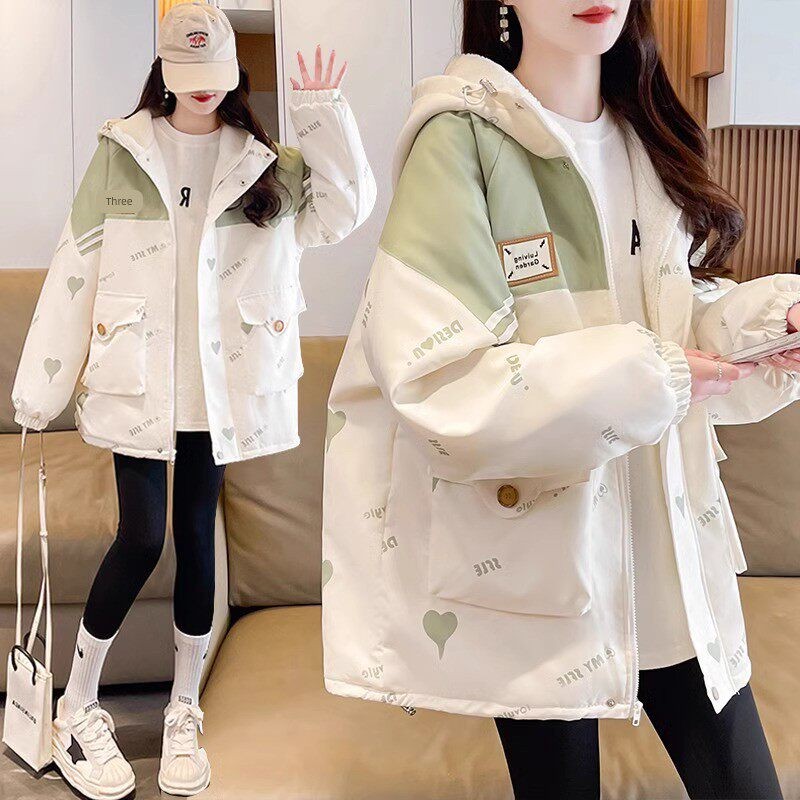 彷羊羔毛工装外套女秋冬加绒加厚2025新款小个子连帽棉衣棉服上衣