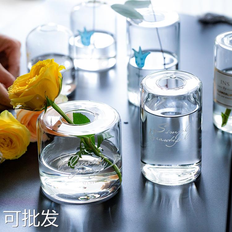 北欧简约玻璃花瓶创意透明小口水养插花小孔插花 水培餐桌摆件定