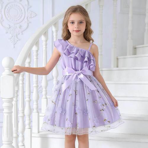 Lotus leaf sloping shoulder suspender craft yarn dress for