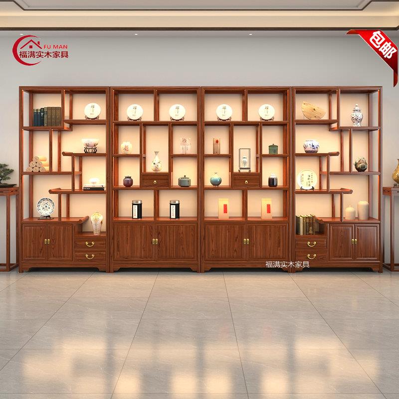博古架实木新中式老榆木茶叶展示柜带灯茶室茶叶多宝阁摆件置物架