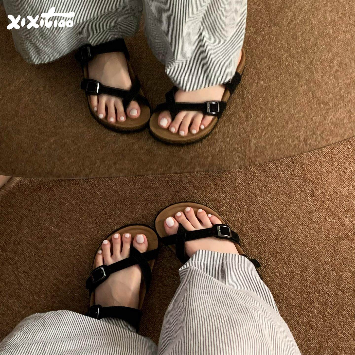 细细条 时尚方扣女夏磨砂牛皮一字拖防滑外穿交叉带夹趾软木拖鞋