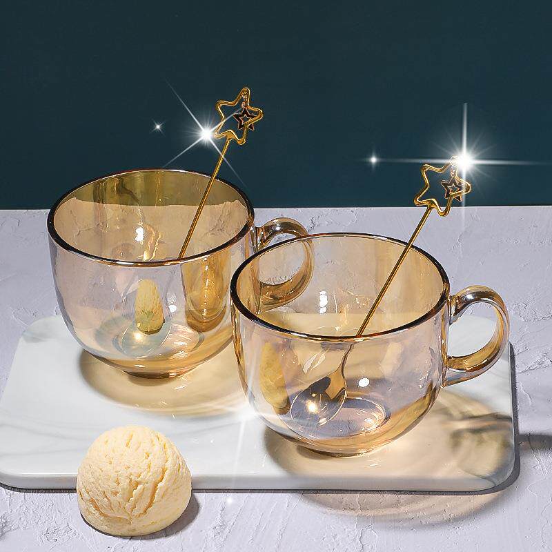 茶色玻璃杯燕麦早餐杯子家用带把水杯大容量带盖勺咖啡杯女牛奶杯
