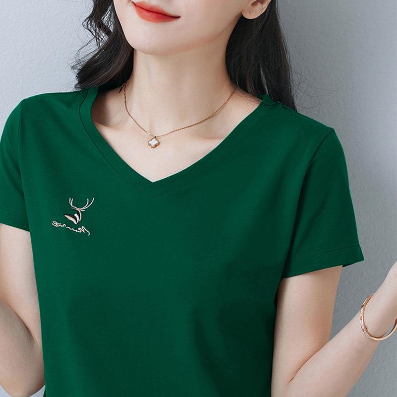 绿色v领短袖t恤女2025年新款夏季女装修身上衣洋气纯棉半袖体恤衫