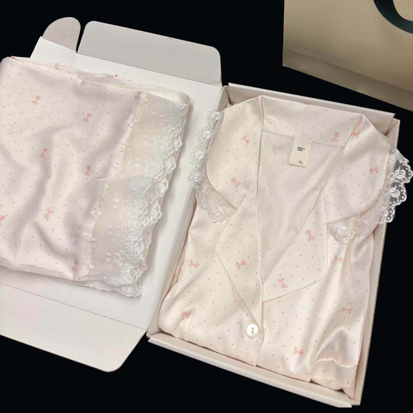 秋季新款波点蝴蝶结女士冰丝睡衣甜美蕾丝花边长袖长裤家居服套装