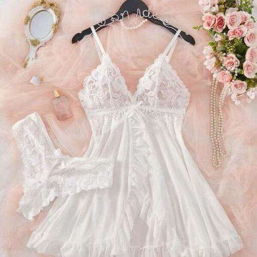 Lingerie Women Mesh Lace Dress Chemise Floral Outfits Set