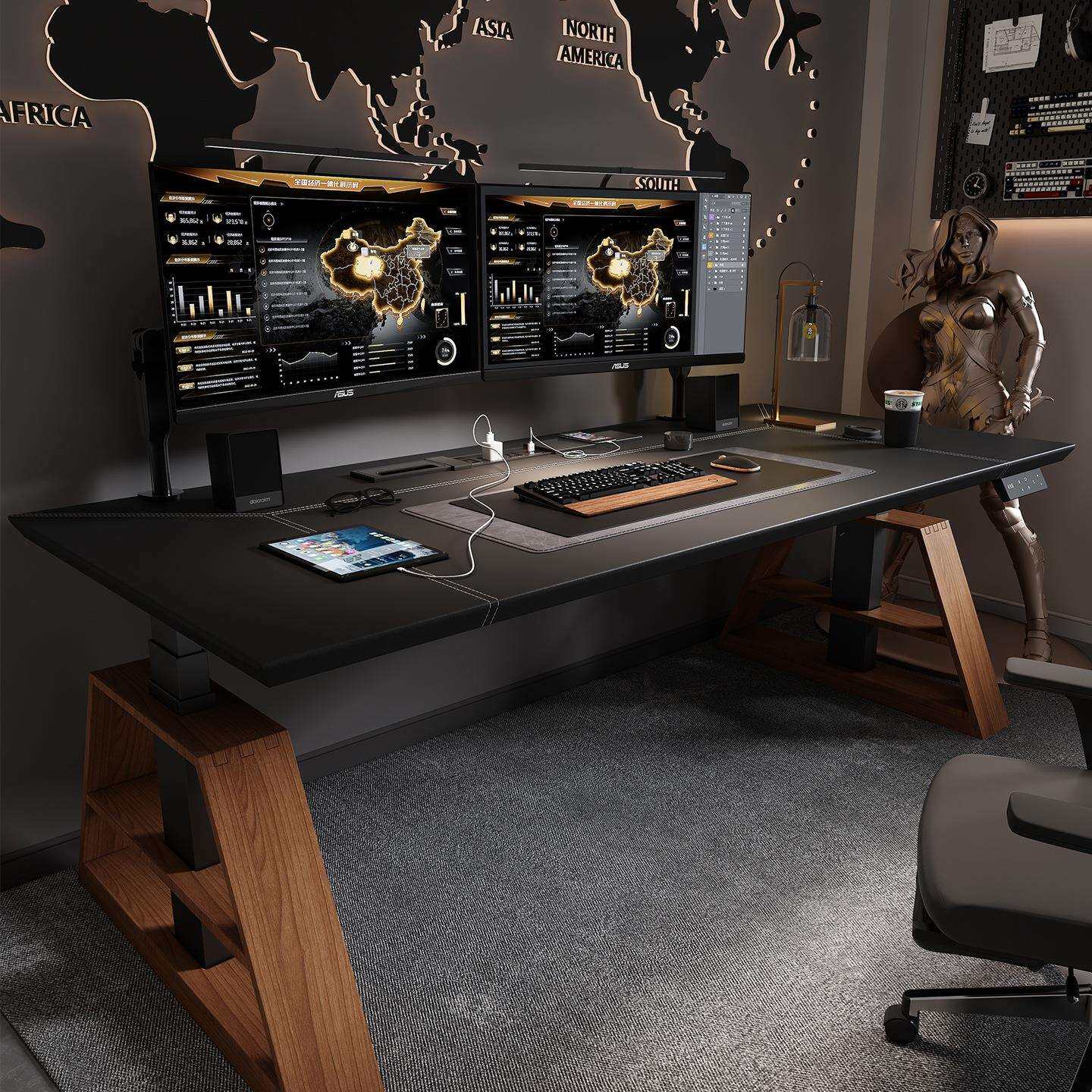 电动升降桌腿工作台家用电脑桌子升降马鞍皮岩板加长电竞办公书桌