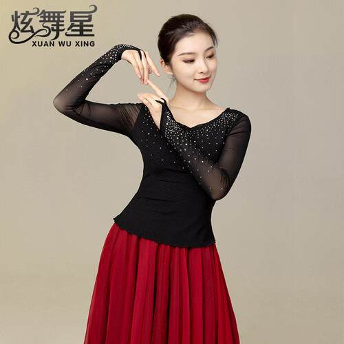 拉丁舞服成人精致网纱烫钻国标舞练功服圆领摩登社交舞上衣女新款