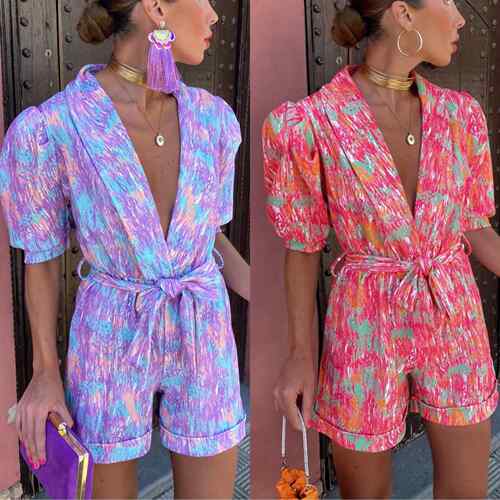 Printed short sleeved collar tie jumpsuit