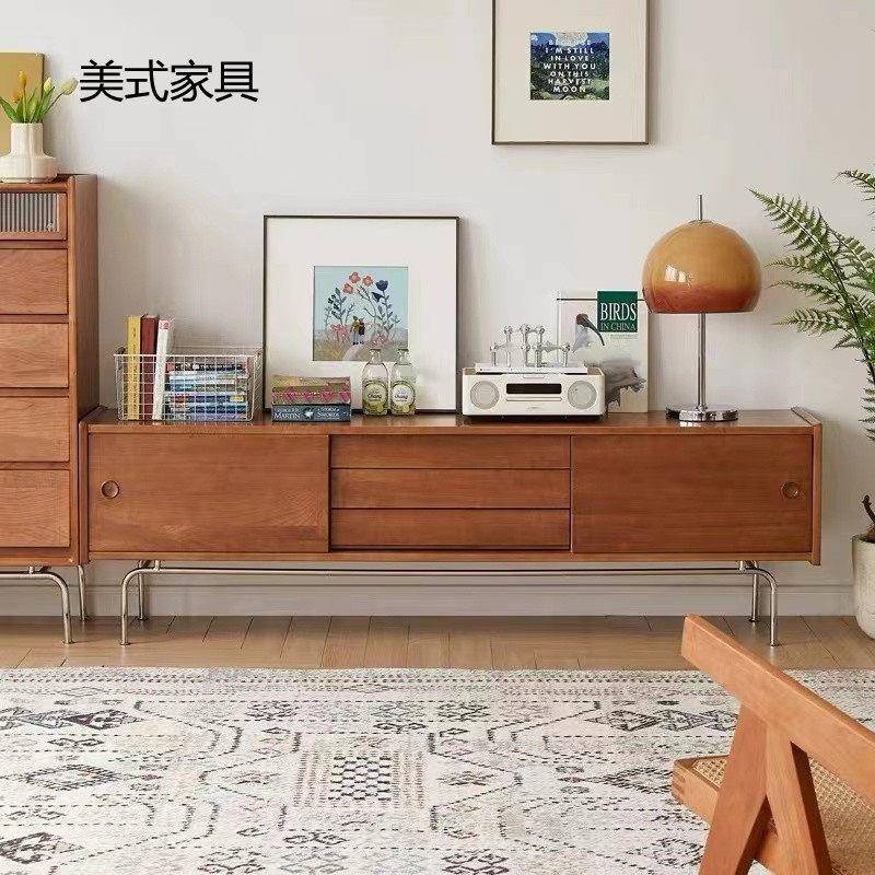 复古实木电视柜客厅不锈钢脚一体柜小户型中古家具电视机柜组合柜