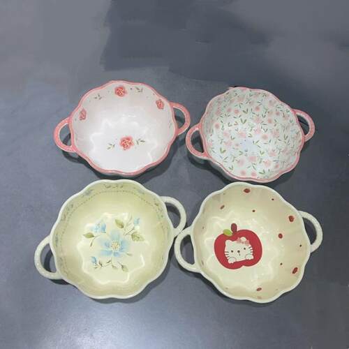 釉下彩奶油风花边双耳汤碗高颜值家用陶瓷南瓜碗水果碗甜品碗沙拉