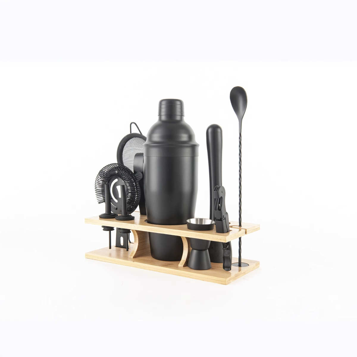 新款11件套调酒器不锈钢调酒器套装竹架底座鸡尾酒醒酒摇酒器工具