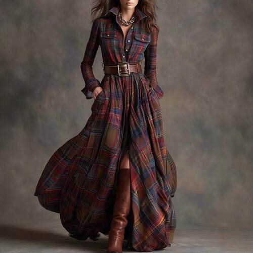 Waistband plus size women's plaid slimming dress for women