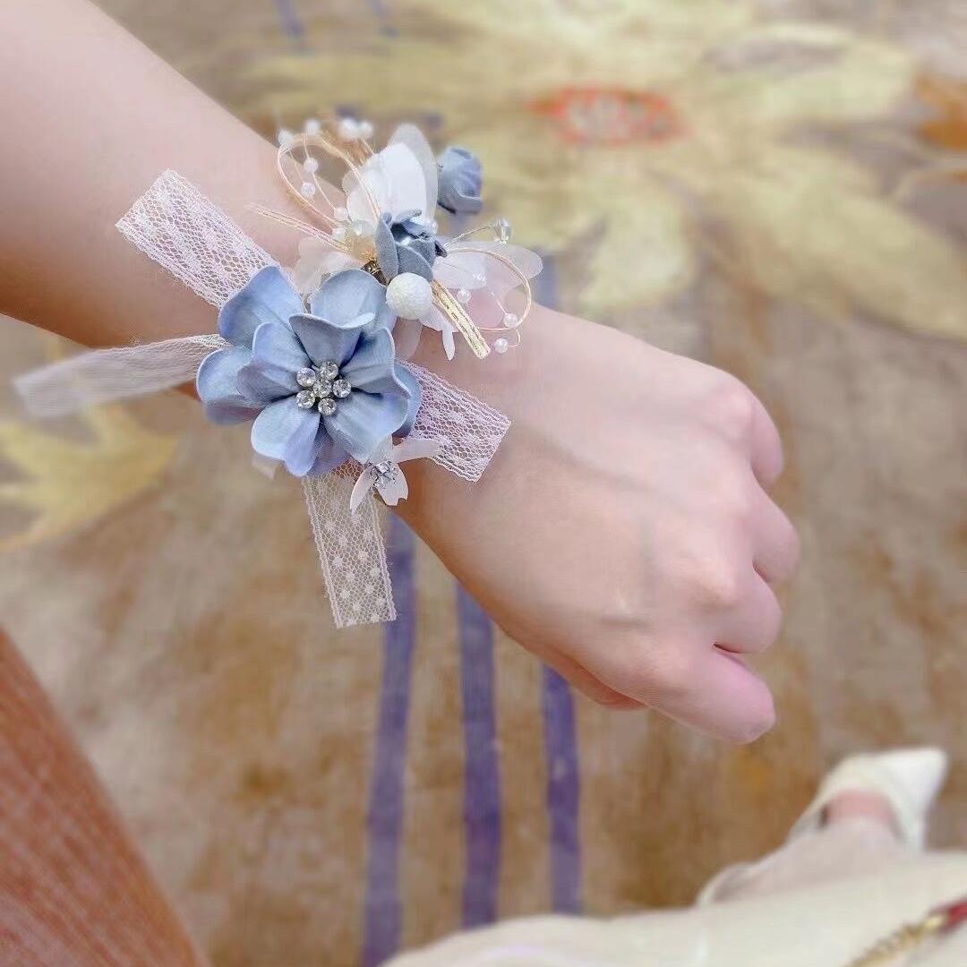 唯美/蓝蕾色朵纱蝴蝶丝花手花新娘伴娘结手腕花表演跳舞手环
