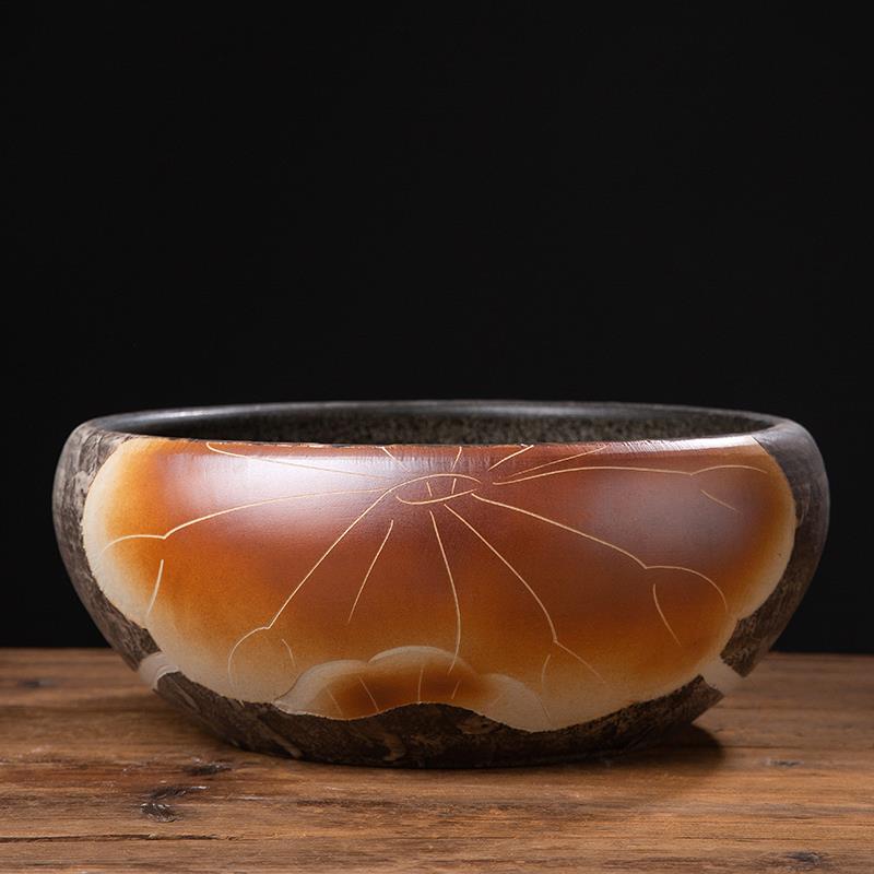 正品景德镇雕鳉陶瓷缸桌面小号客鱼厅青金鱼缸荷花刻乌龟缸碗莲睡