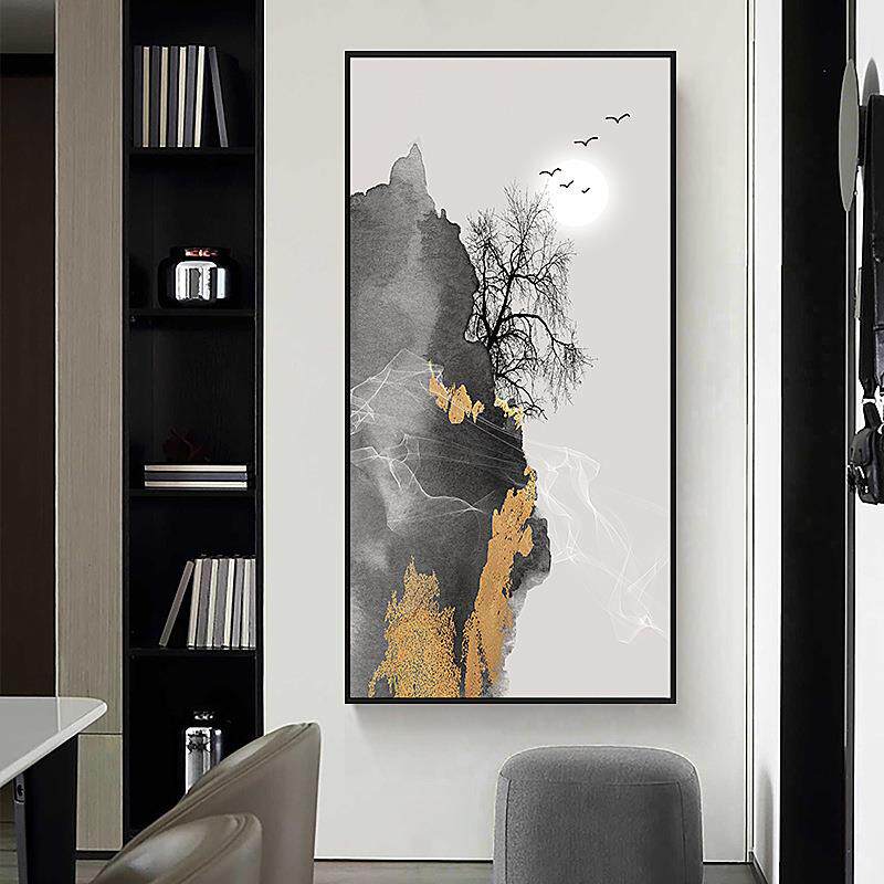 青山依旧新中式玄关装饰画黑白禅意山水过道挂画走道尽头竖版壁画