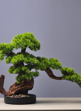 创意崖柏盆景仿真迎客松绿植盆景摆件造景公司前台酒店装饰仿真树
