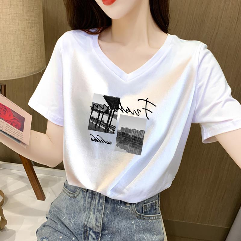 白色印花短袖T恤女2025夏季新款时尚宽松大尺码V领正肩半袖T恤上