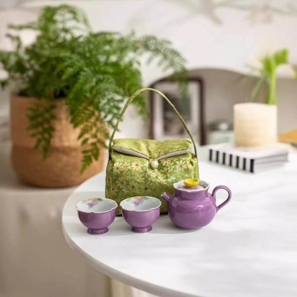 手绘紫色牡丹茶壶一壶一杯家用茶杯组合旅行功夫茶具收纳包套装,餐饮具,旅行茶具,淘宝优惠券,粉丝福利购,淘宝优惠卷