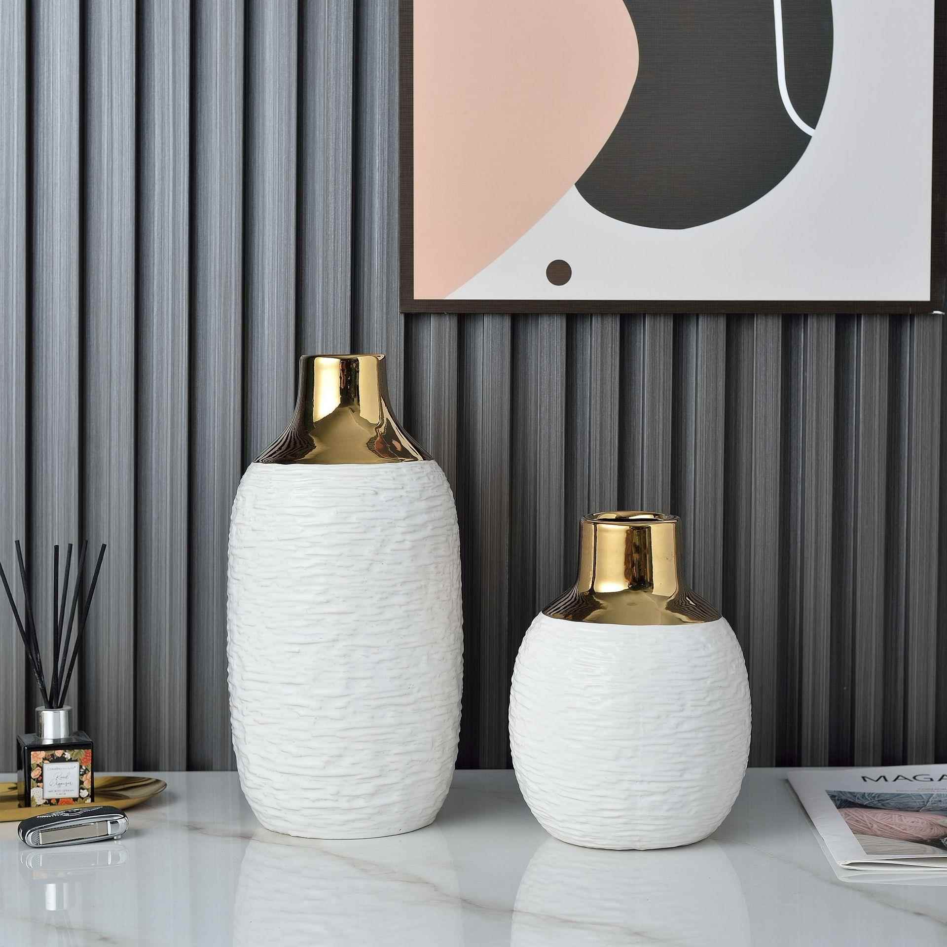 简奢黑白金色电镀诧寂陶瓷花瓶花器二件套电视柜摆件半夏软装饰品