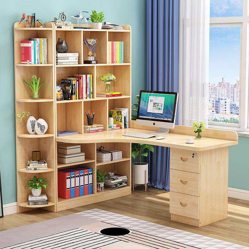 实木转角书桌书架组合电脑台式桌家用儿童学习桌简约学生写字桌子