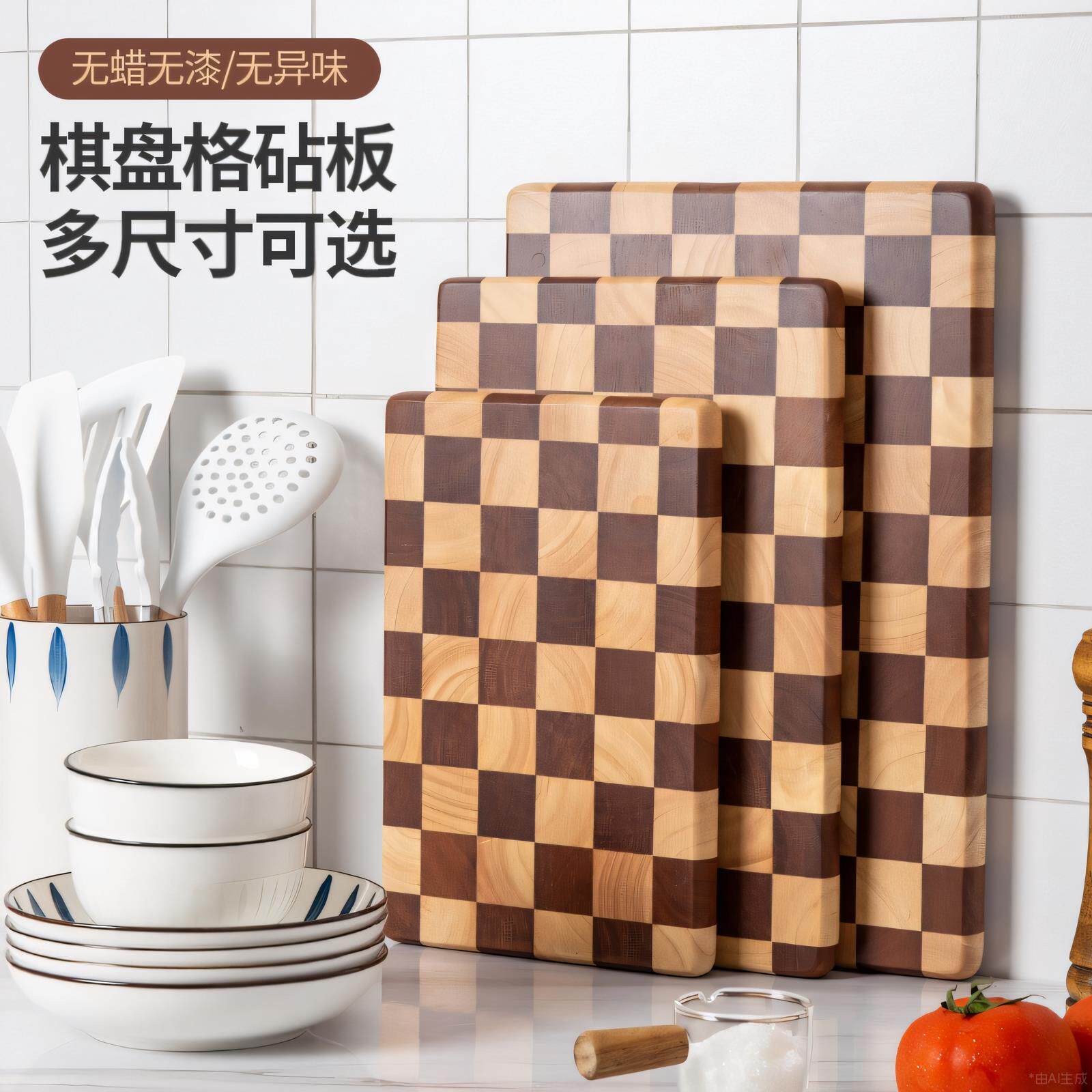 创意棋盘格菜板家用砧板马赛克切菜板厨房辅食粘板水果实木质案板