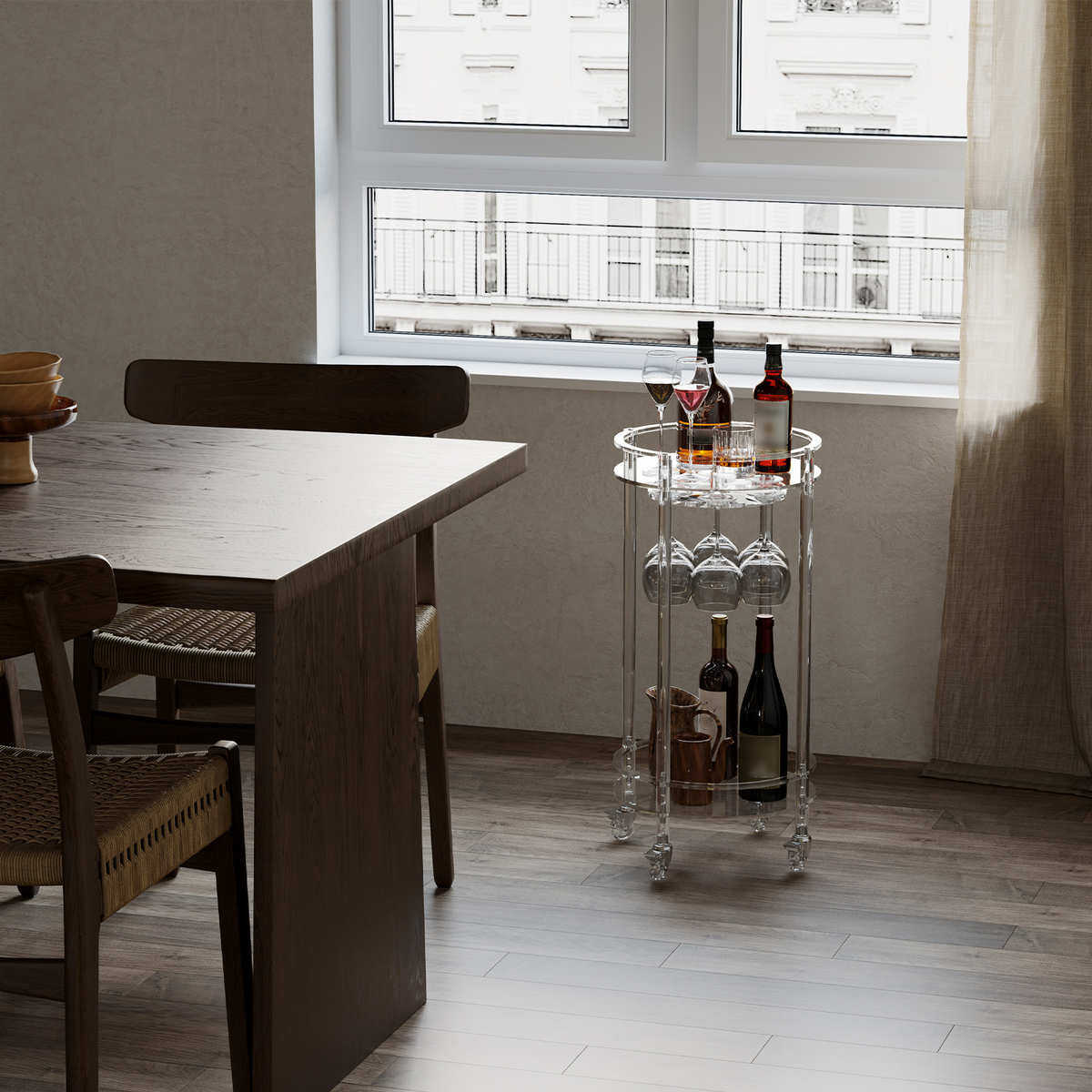 现货亚克力透明酒吧推车二层带杯架高颜值置物架圆形中古风小推车