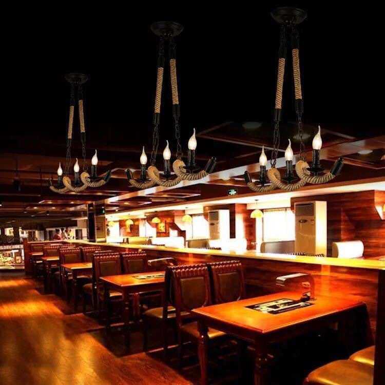 个性创意咖啡厅工业风复古麻绳吊灯服装店理发店美式餐厅三头波浪