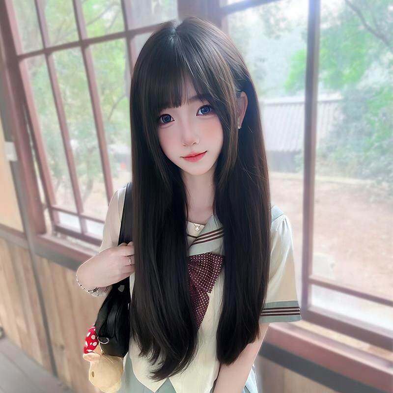 假发女lolita黑长直空气浏海头发jk日常减龄夏季薄款彷真全头套