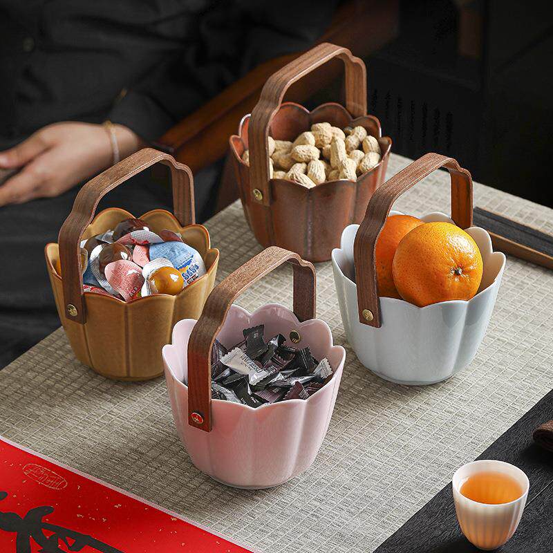 轻奢陶瓷手提果盘家用零食过新年糖果盒精致高端坚果水果篮点心盘