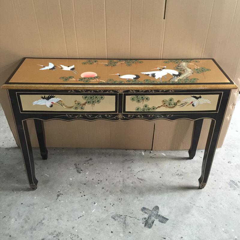 至高美两斗玄关桌手工彩绘家具松鹤延年实木两斗桌亮光烤漆金箔柜