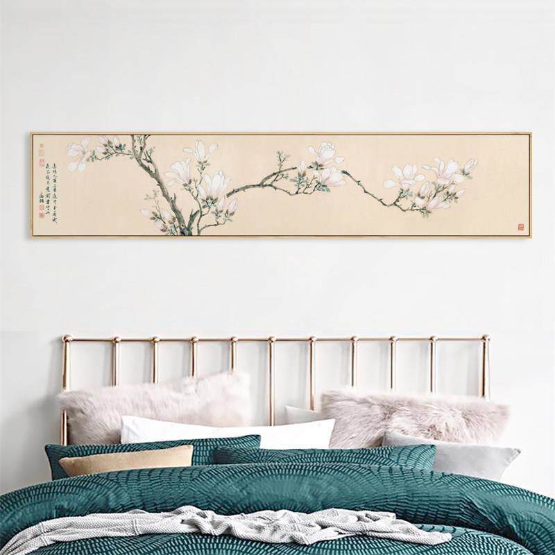 水墨宣言 新中式卧室床头墙装饰画 画客厅背景墙花鸟横幅白玉兰挂
